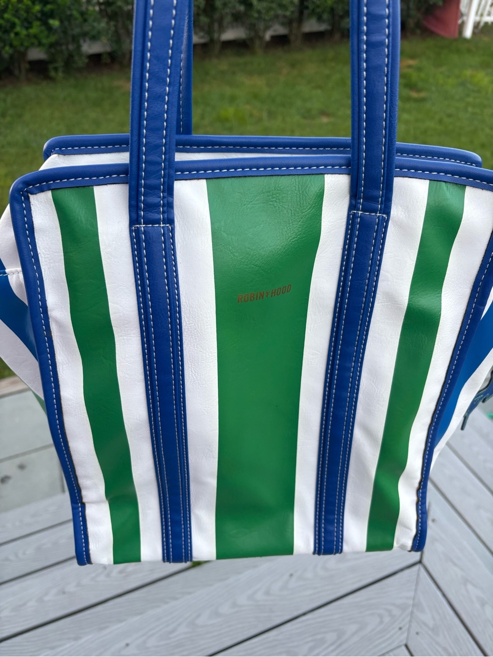 Green & White Striped Tote with Blue Trim